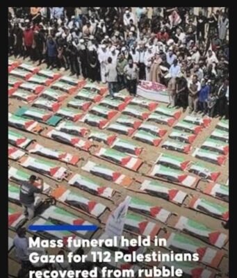 Thousands bid farewell as Gaza buries 112 members of two families killed in Israeli attacks